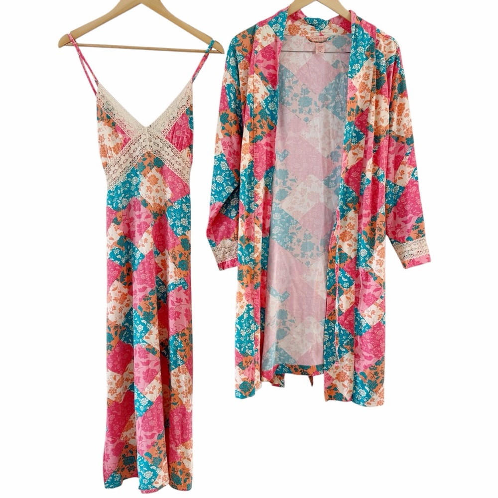 Romantic Boho Sleep Set Power 2 The Flower Nightgown Robe Floral Patchwork Lace